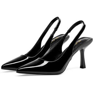 Women Black Patent Satin Pointed Closed Toe Slingback Mid Heels Stiletto Pumps